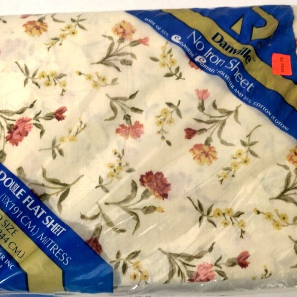 Dan River Danville Double Flat Sheet No Iron Ivory Floral Vintage NOS New USA